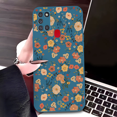 Samsung Galaxy A21s Cover - Blue - D3 - ONation Floral Series - HQ Liquid Silicone Soft Case