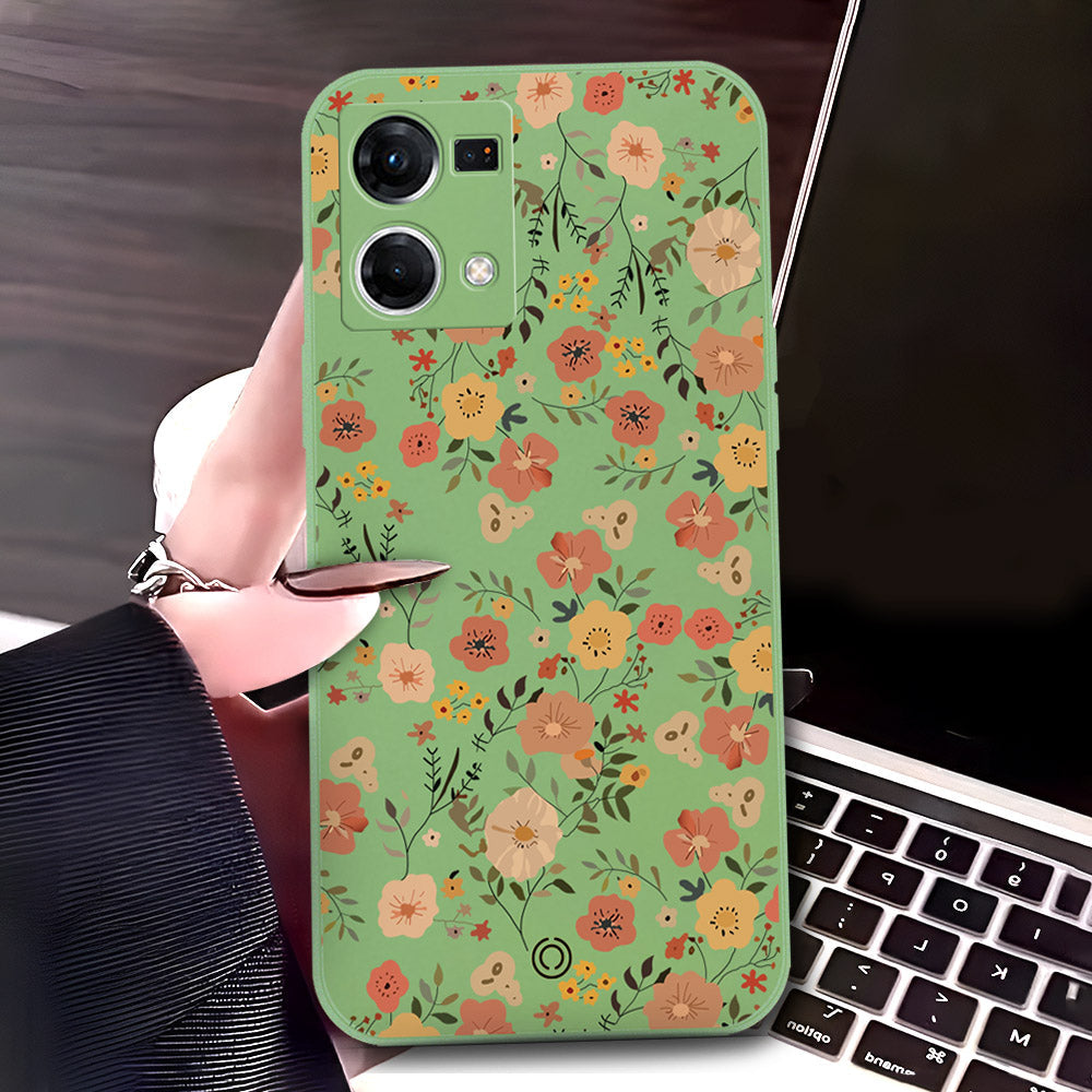 Oppo Reno 7 4G Cover - Light Green - D3 - ONation Floral Series - HQ Liquid Silicone Soft Case