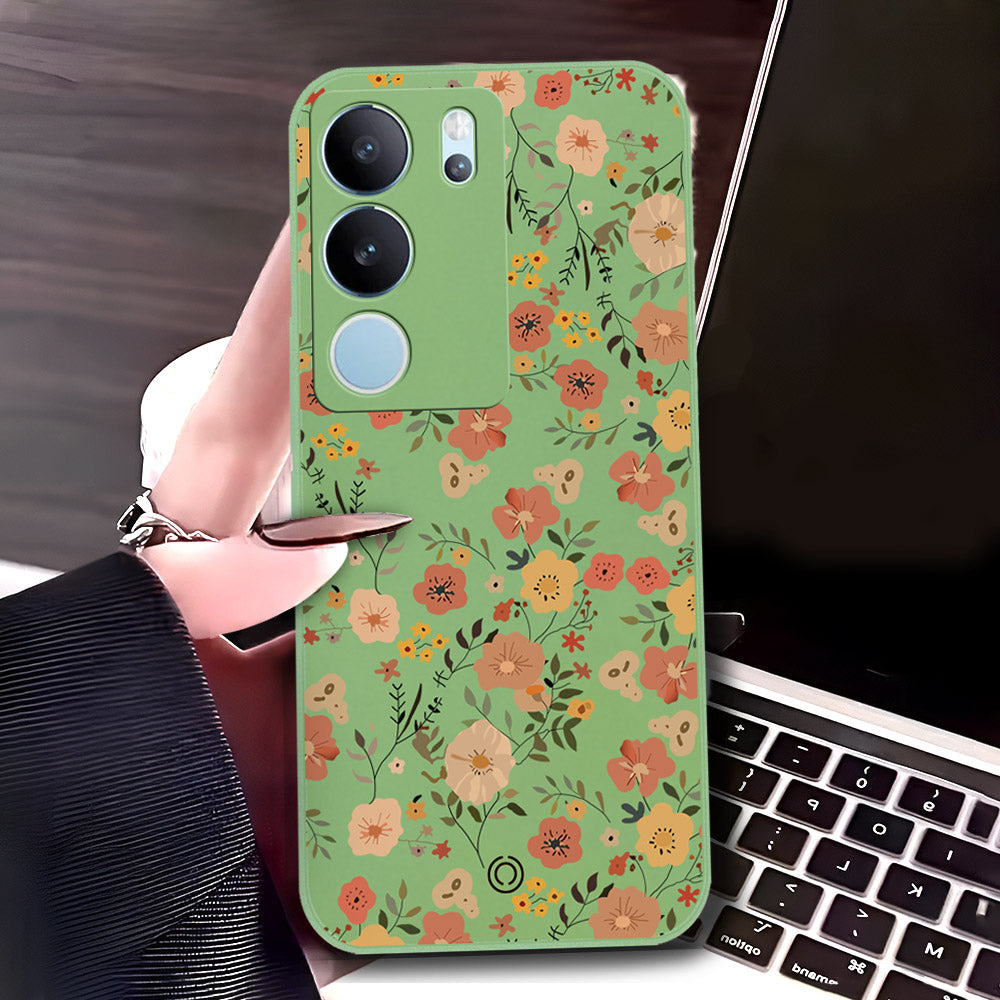 Vivo V29 Cover - Light Green - D3 - ONation Floral Series - HQ Liquid Silicone Soft Case
