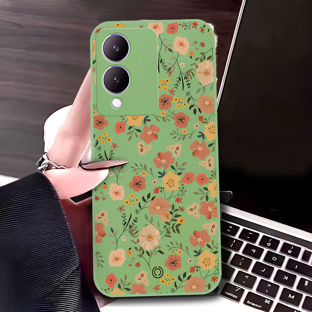 Vivo Y17s Cover - Light Green - D3 - ONation Floral Series - HQ Liquid Silicone Soft Case