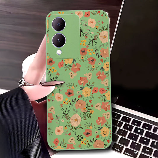 Vivo Y17s Cover - Light Green - D3 - ONation Floral Series - HQ Liquid Silicone Soft Case