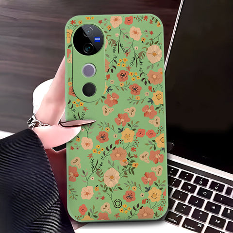 Vivo V40 Cover - Light Green - D3 - ONation Floral Series - HQ Liquid Silicone Soft Case