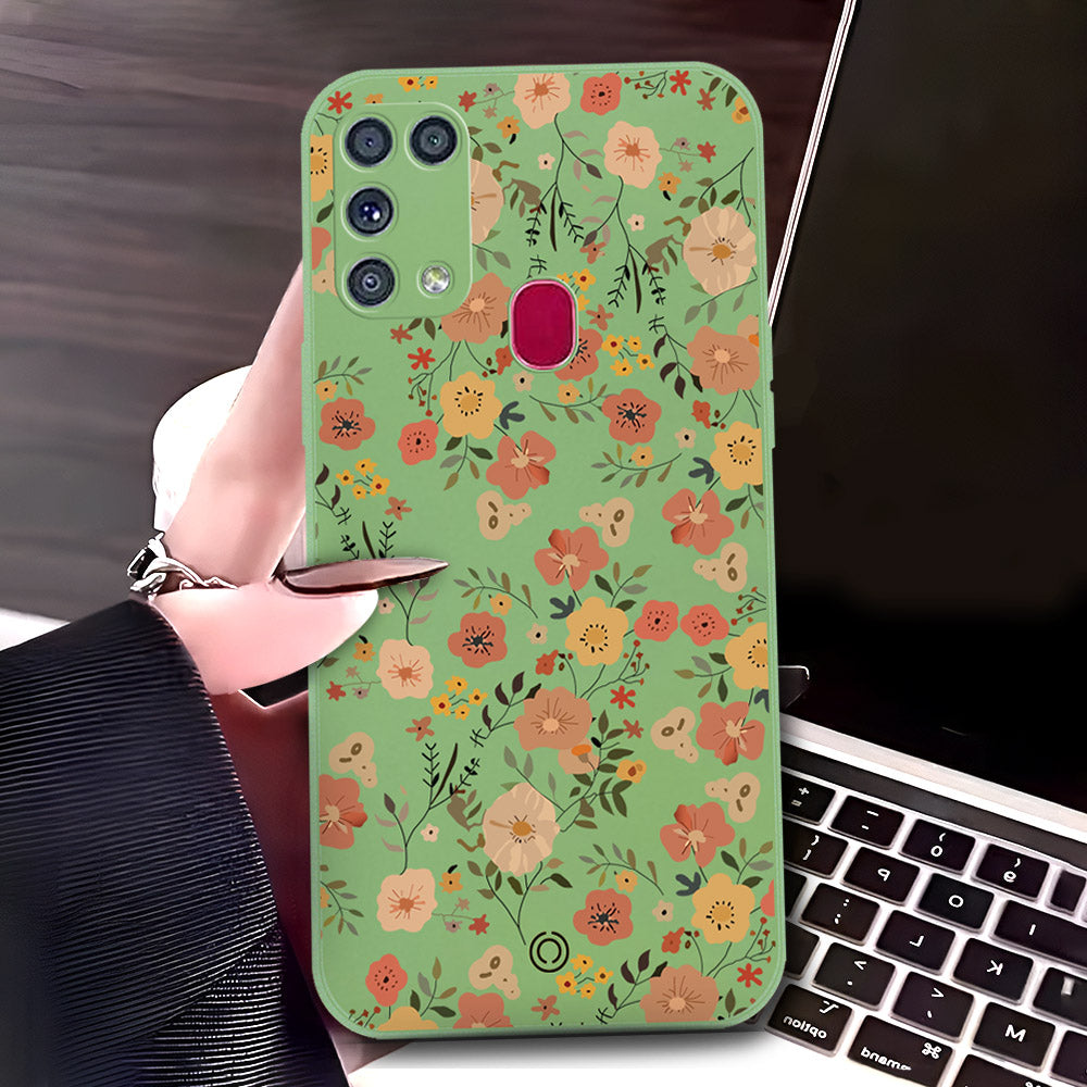 Samsung Galaxy M31 Cover - Light Green - D3 - ONation Floral Series - HQ Liquid Silicone Soft Case