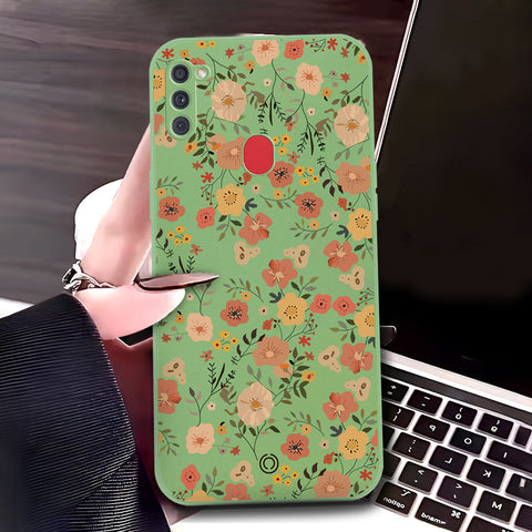 Samsung Galaxy M11 Cover - Light Green - D3 - ONation Floral Series - HQ Liquid Silicone Soft Case