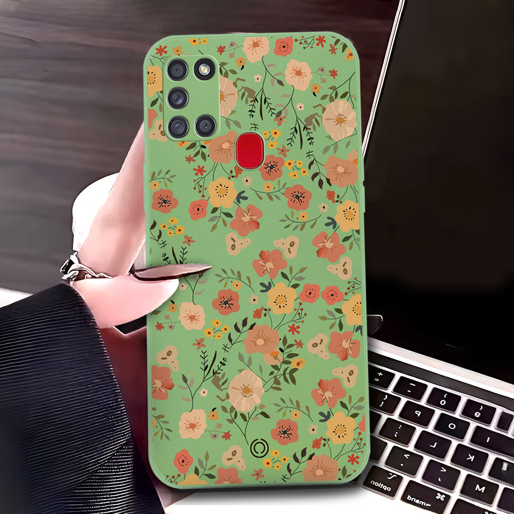 Samsung Galaxy A21s Cover - Light Green - D3 - ONation Floral Series - HQ Liquid Silicone Soft Case