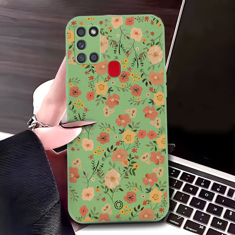 Samsung Galaxy A21s Cover - Light Green - D3 - ONation Floral Series - HQ Liquid Silicone Soft Case