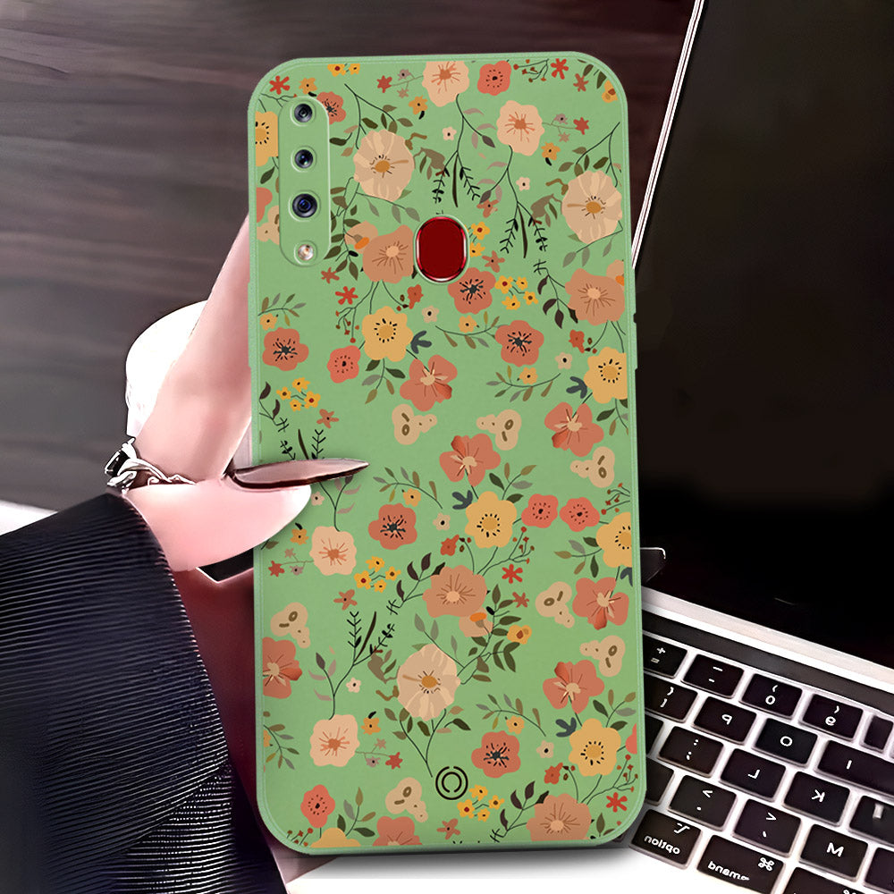 Samsung Galaxy A20s Cover - Light Green - D3 - ONation Floral Series - HQ Liquid Silicone Soft Case