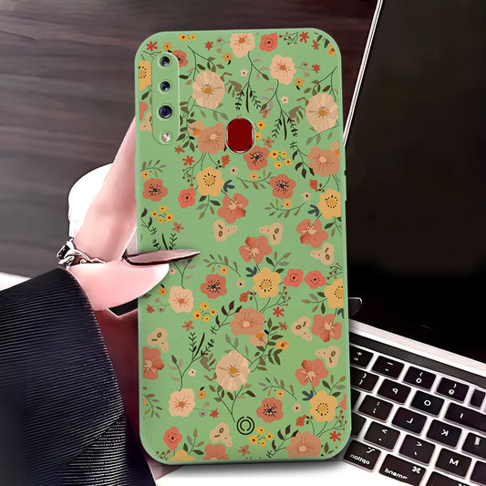 Samsung Galaxy A20s Cover - Light Green - D3 - ONation Floral Series - HQ Liquid Silicone Soft Case