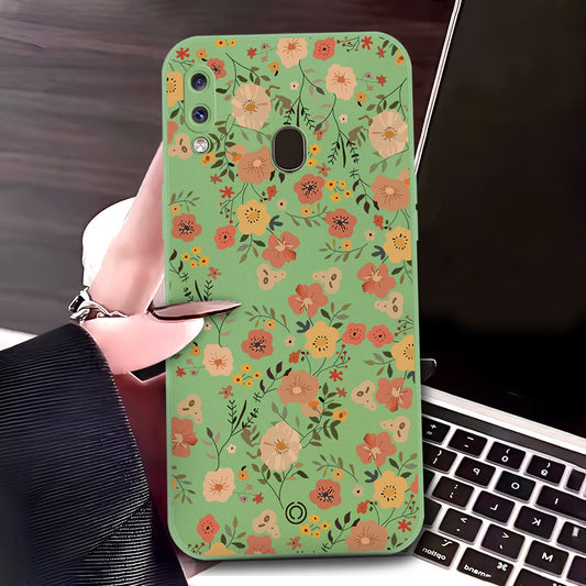 Samsung Galaxy A20 Cover - Light Green - D3 - ONation Floral Series - HQ Liquid Silicone Soft Case
