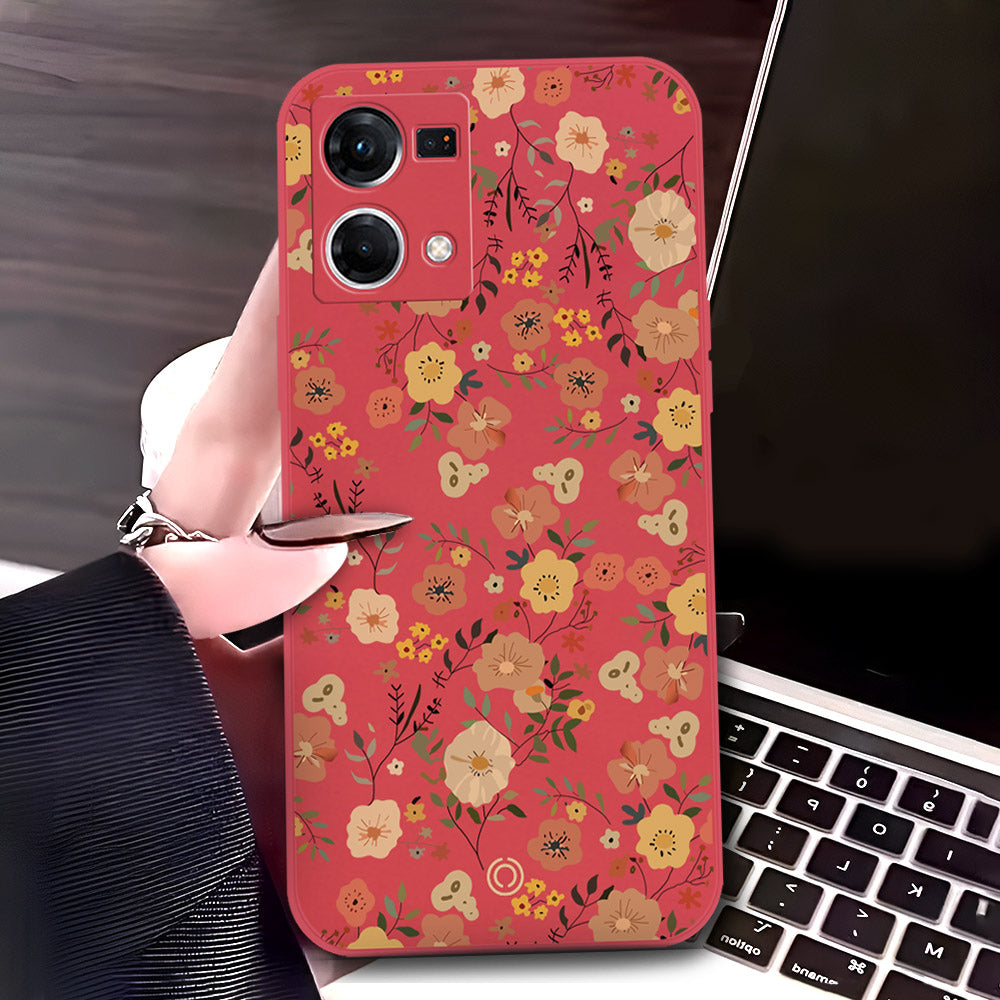 Oppo Reno 7 4G Cover - Red - D3 - ONation Floral Series - HQ Liquid Silicone Soft Case