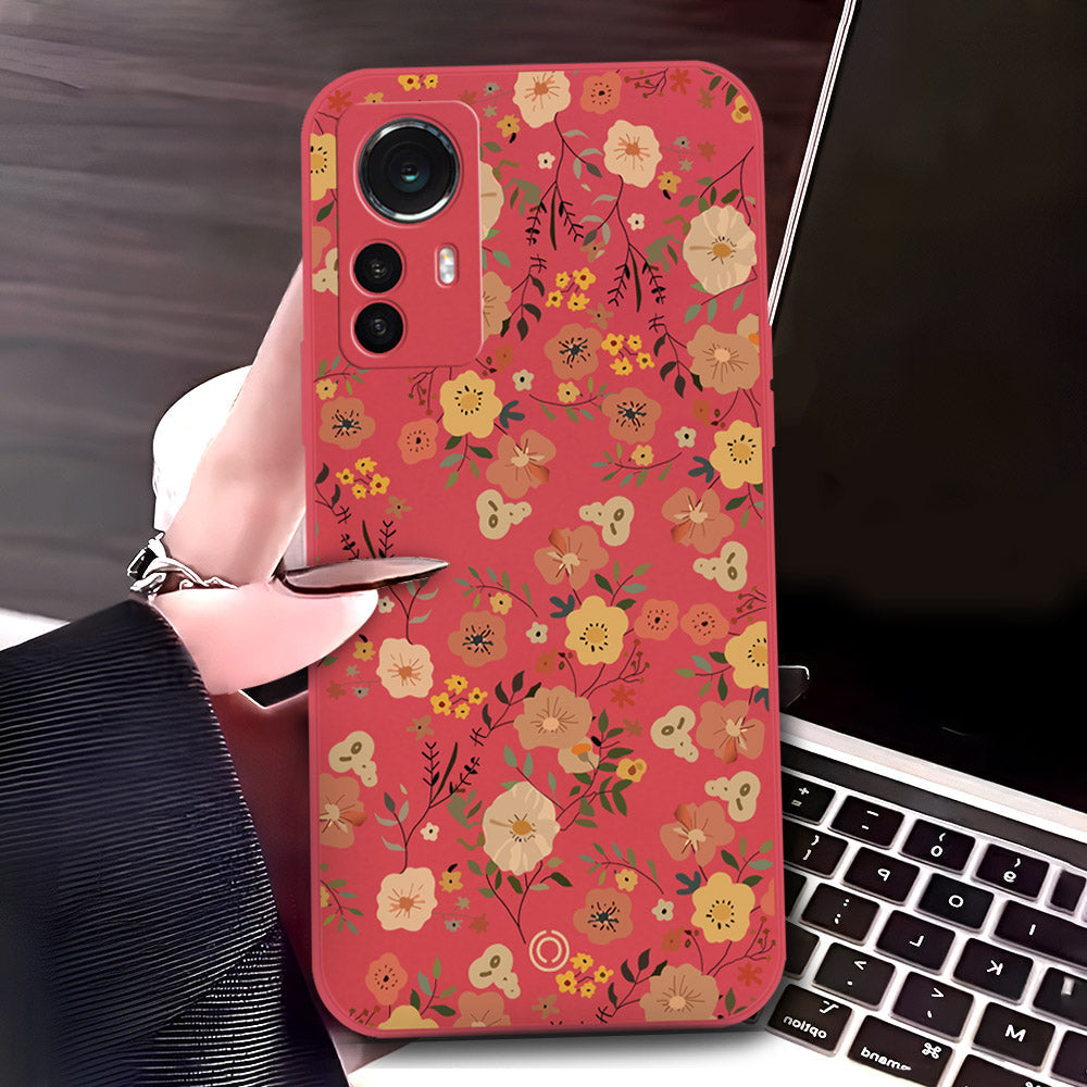 Xiaomi 12 Cover - Red - D3 - ONation Floral Series - HQ Liquid Silicone Soft Case