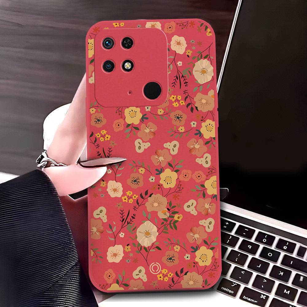 Xiaomi Redmi 10C Cover - Red - D3 - ONation Floral Series - HQ Liquid Silicone Soft Case