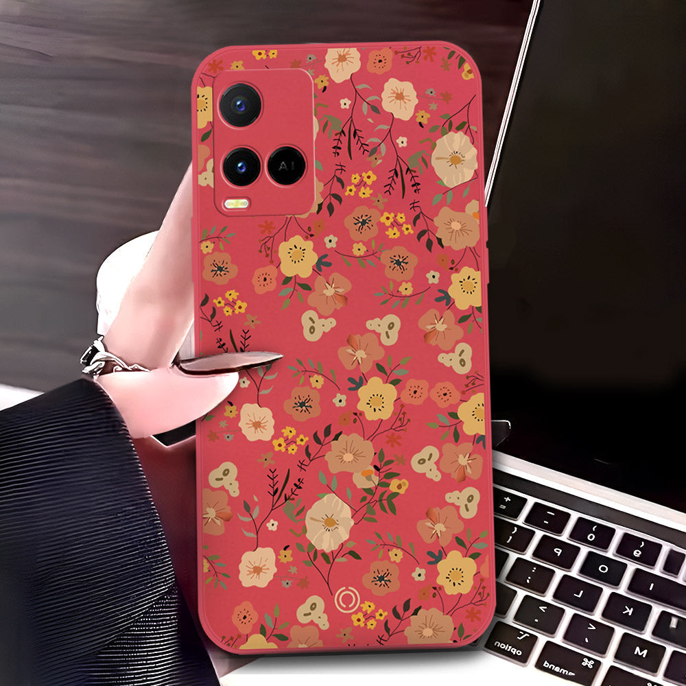 Vivo Y21e Cover - Red - D3 - ONation Floral Series - HQ Liquid Silicone Soft Case