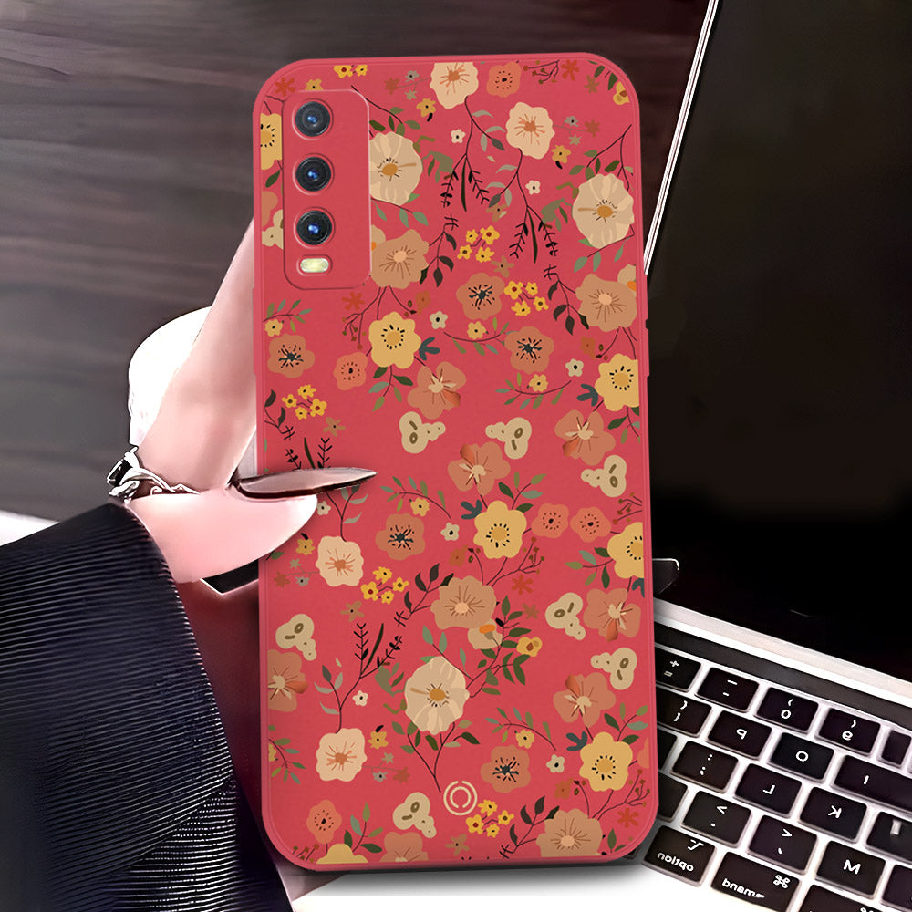 Vivo Y12s Cover - Red - D3 - ONation Floral Series - HQ Liquid Silicone Soft Case