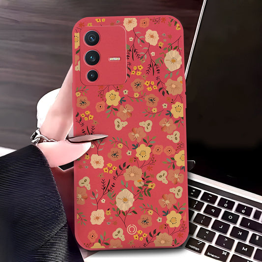 Vivo V23 5G Cover - Red - D3 - ONation Floral Series - HQ Liquid Silicone Soft Case
