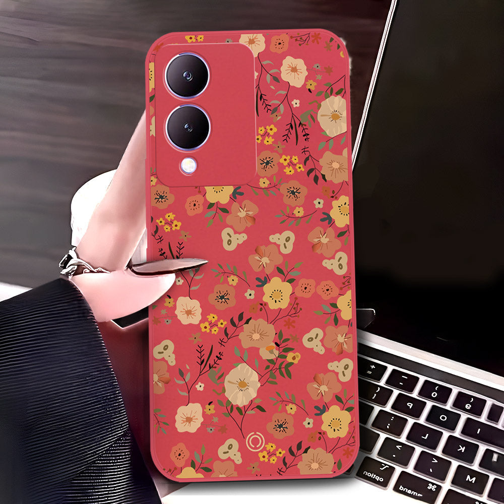Vivo Y17s Cover - Red - D3 - ONation Floral Series - HQ Liquid Silicone Soft Case