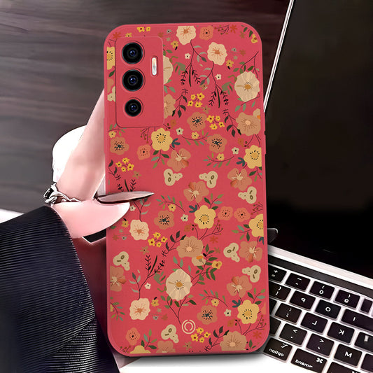 Vivo V23e Cover - Red - D3 - ONation Floral Series - HQ Liquid Silicone Soft Case