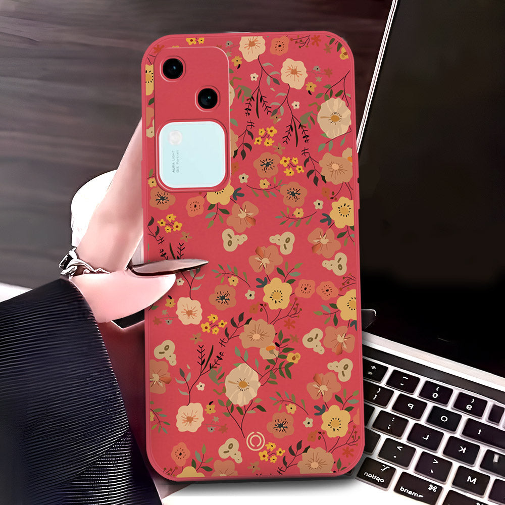 Vivo V30 Cover - Red - D3 - ONation Floral Series - HQ Liquid Silicone Soft Case