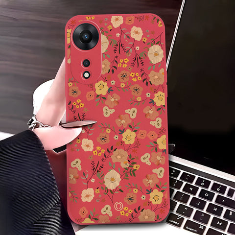 Oppo A58 4G Cover - Red - D3 - ONation Floral Series - HQ Liquid Silicone Soft Case
