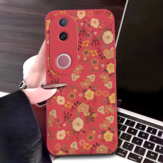 Vivo V50 Cover - Red - D3 - ONation Floral Series - HQ Liquid Silicone Soft Case