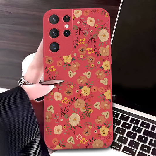 Samsung Galaxy S21 Ultra 5G Cover - Red - D3 - ONation Floral Series - HQ Liquid Silicone Soft Case