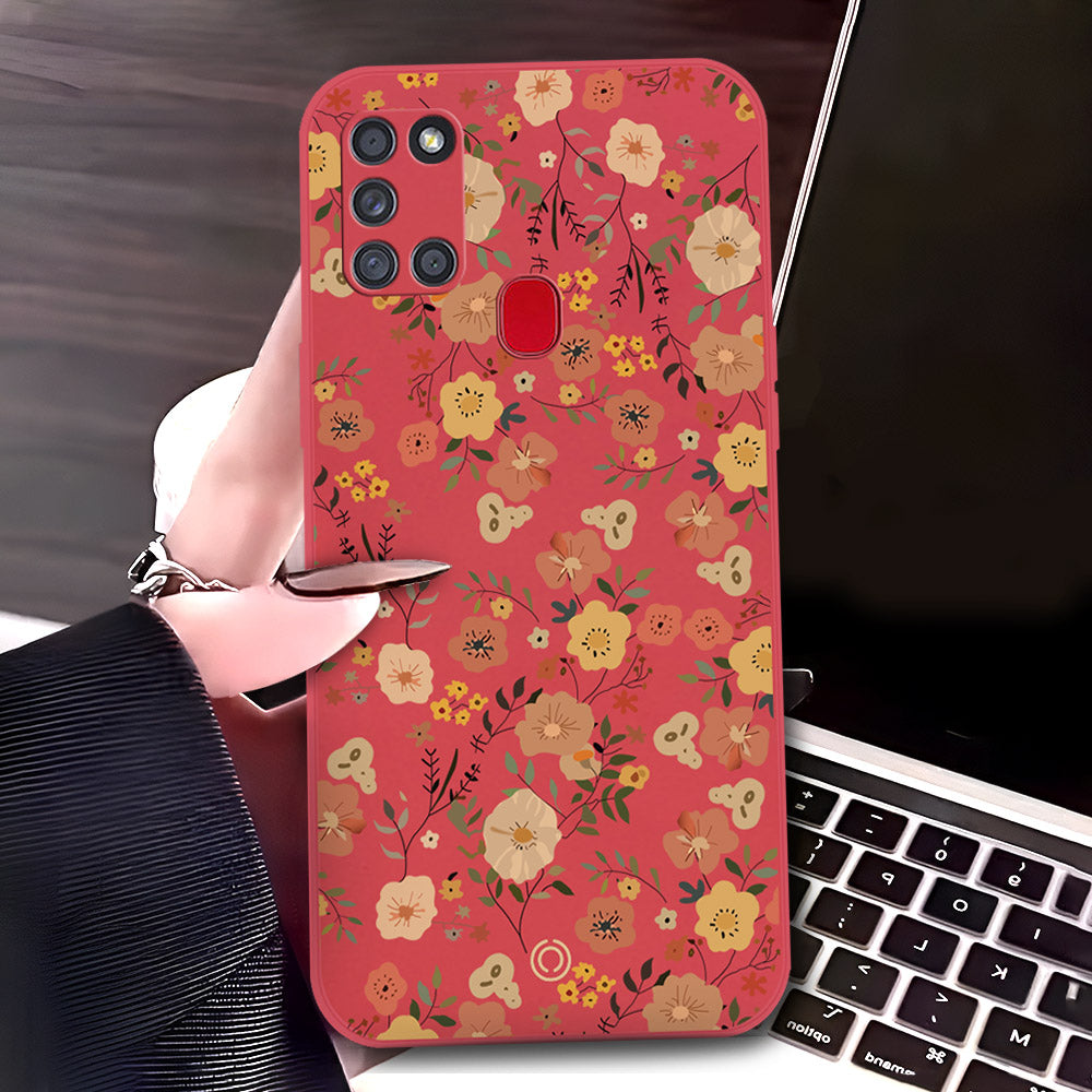 Samsung Galaxy A21s Cover - Red - D3 - ONation Floral Series - HQ Liquid Silicone Soft Case