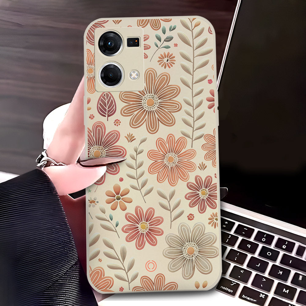 Oppo Reno 7 4G Cover - Off White - D4 - ONation Floral Series - HQ Liquid Silicone Soft Case