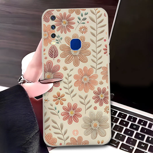 Vivo Y17 Cover - Off White - D4 - ONation Floral Series - HQ Liquid Silicone Soft Case