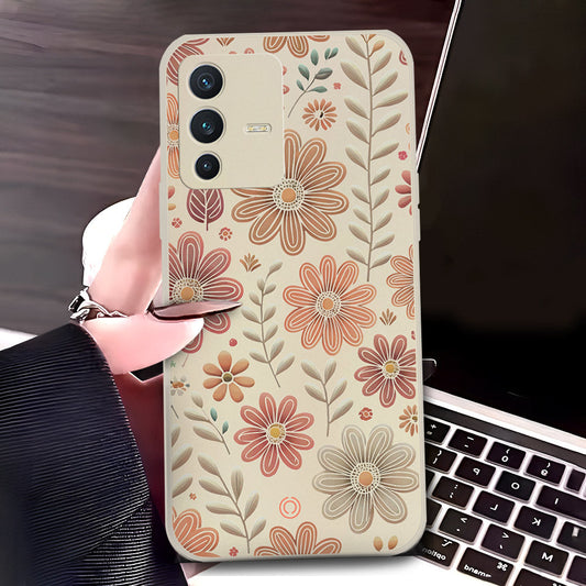 Vivo V23 5G Cover - Off White - D4 - ONation Floral Series - HQ Liquid Silicone Soft Case