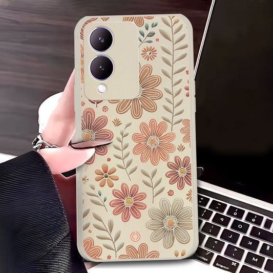 Vivo Y17s Cover - Off White - D4 - ONation Floral Series - HQ Liquid Silicone Soft Case