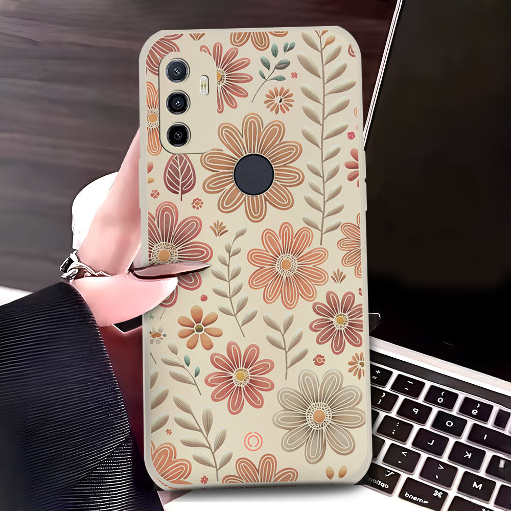 Oppo A32 Cover - Off White - D4 - ONation Floral Series - HQ Liquid Silicone Soft Case