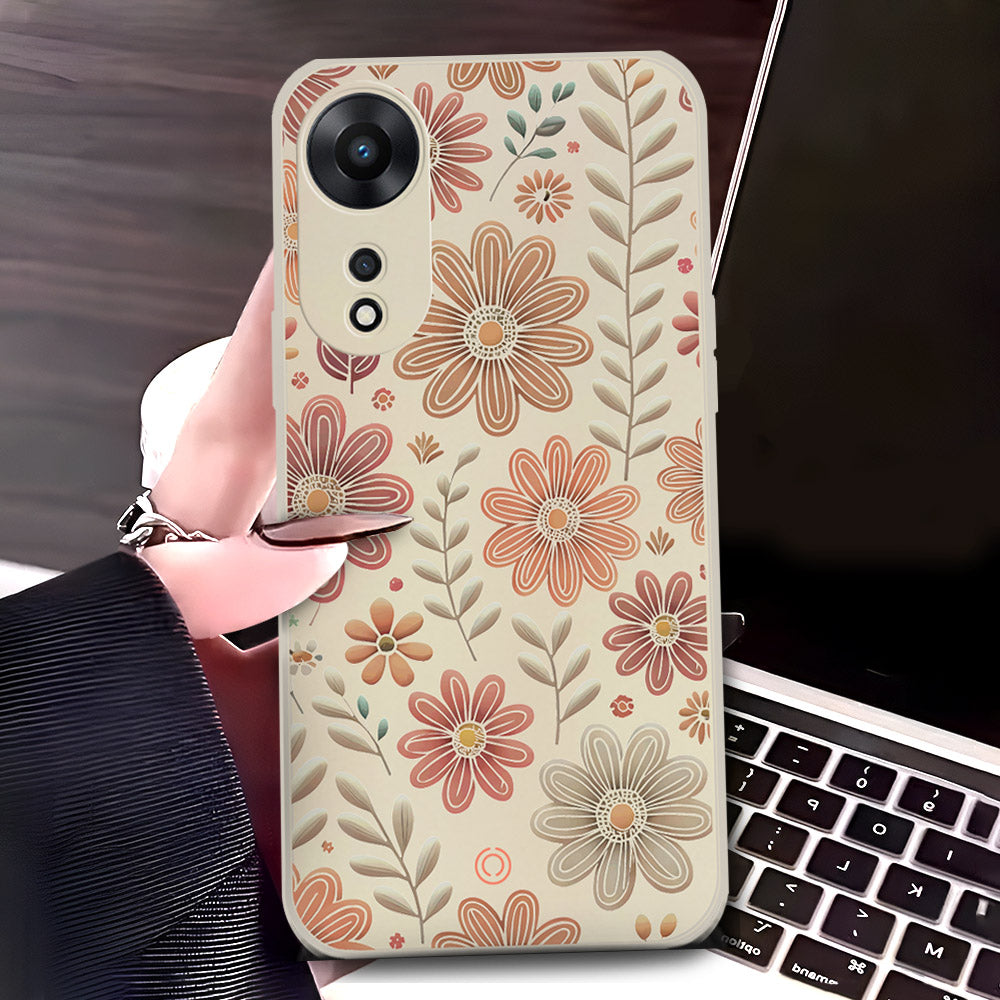 Oppo A58 4G Cover - Off White - D4 - ONation Floral Series - HQ Liquid Silicone Soft Case