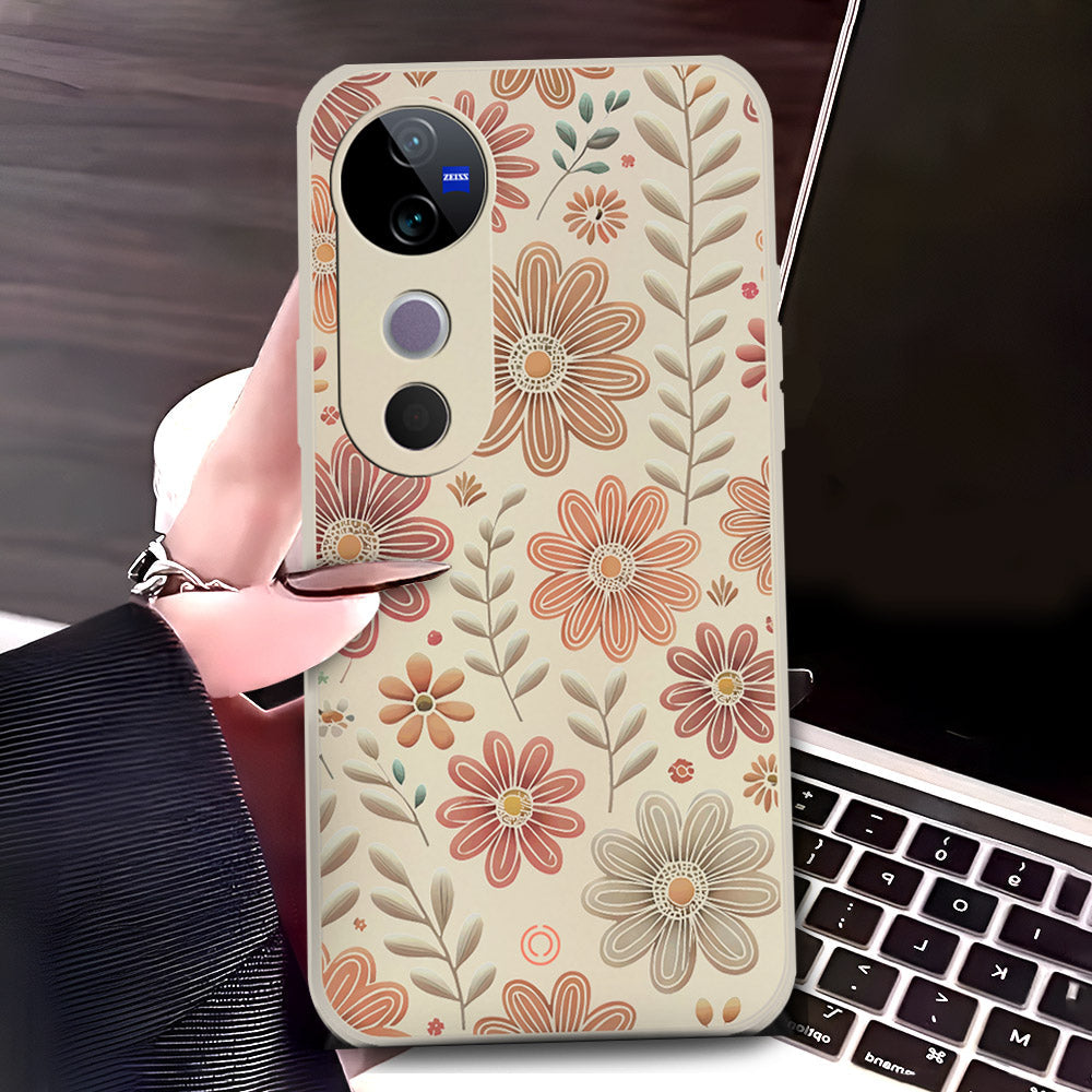 Vivo V40 Cover - Off White - D4 - ONation Floral Series - HQ Liquid Silicone Soft Case