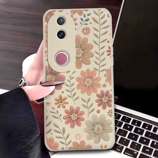 Vivo V50 Cover - Off White - D4 - ONation Floral Series - HQ Liquid Silicone Soft Case