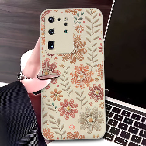 Samsung Galaxy S20 Ultra Cover - Off White - D4 - ONation Floral Series - HQ Liquid Silicone Soft Case