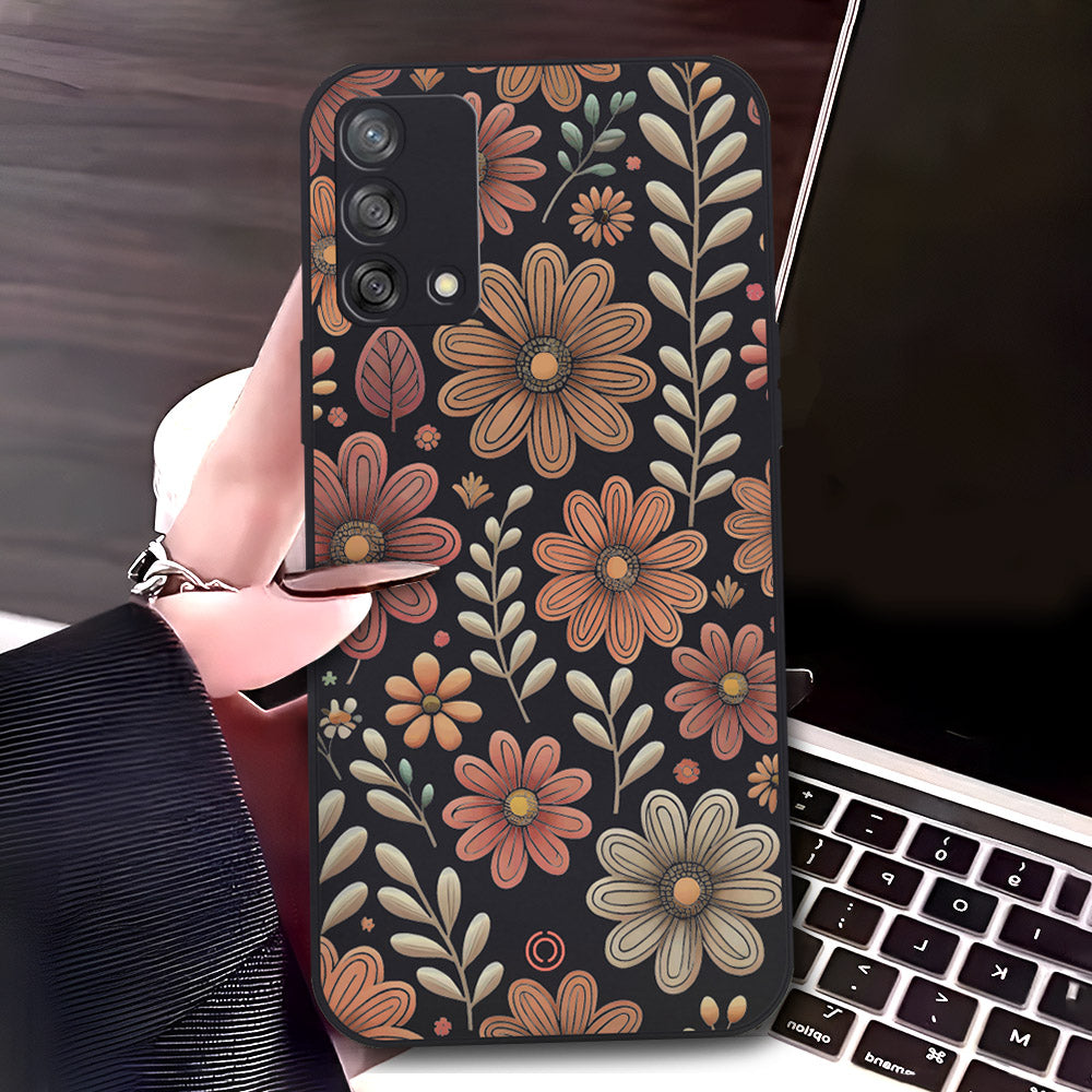 Oppo F19s Cover - Black - D4 - ONation Floral Series - HQ Liquid Silicone Soft Case