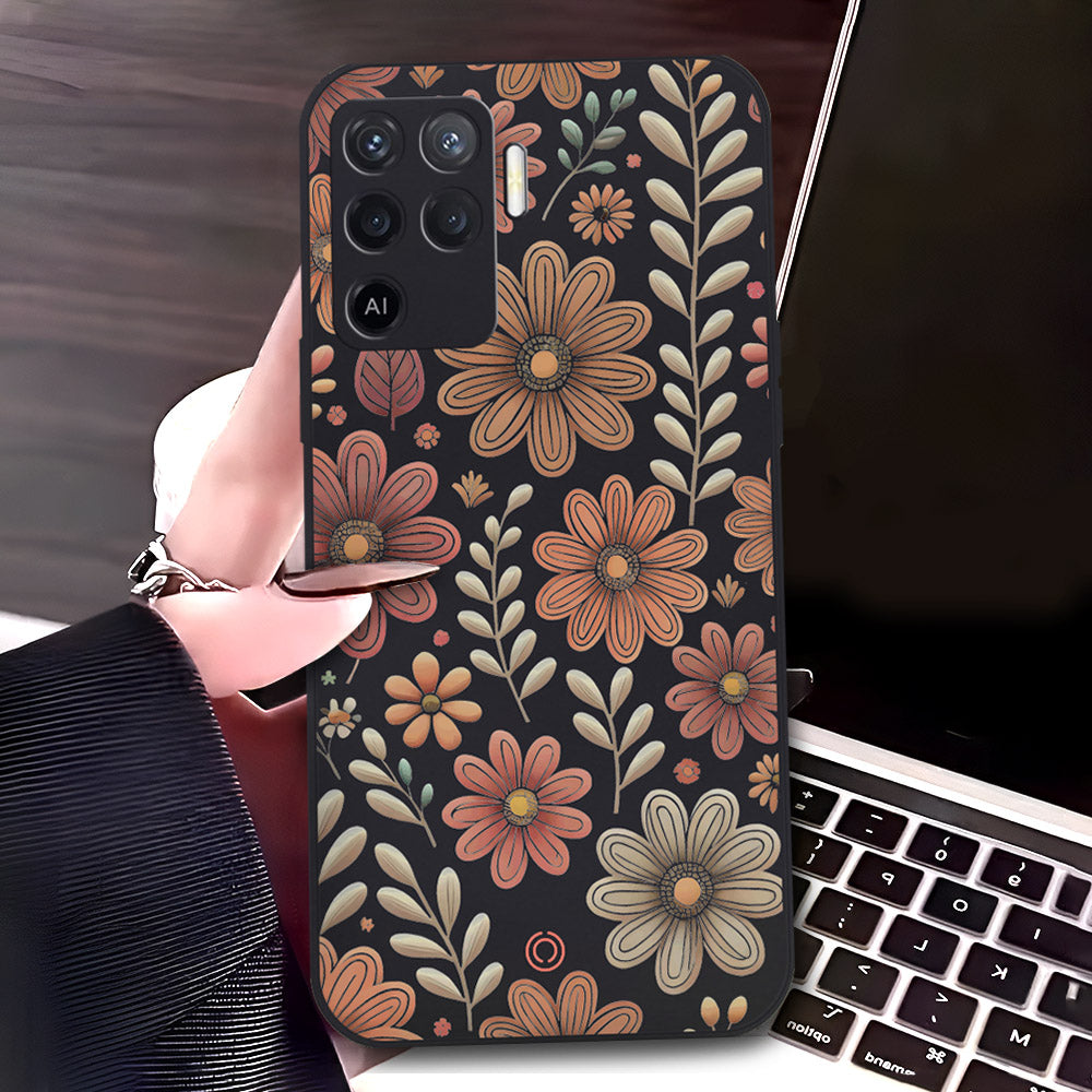 Oppo A94 Cover - Black - D4 - ONation Floral Series - HQ Liquid Silicone Soft Case