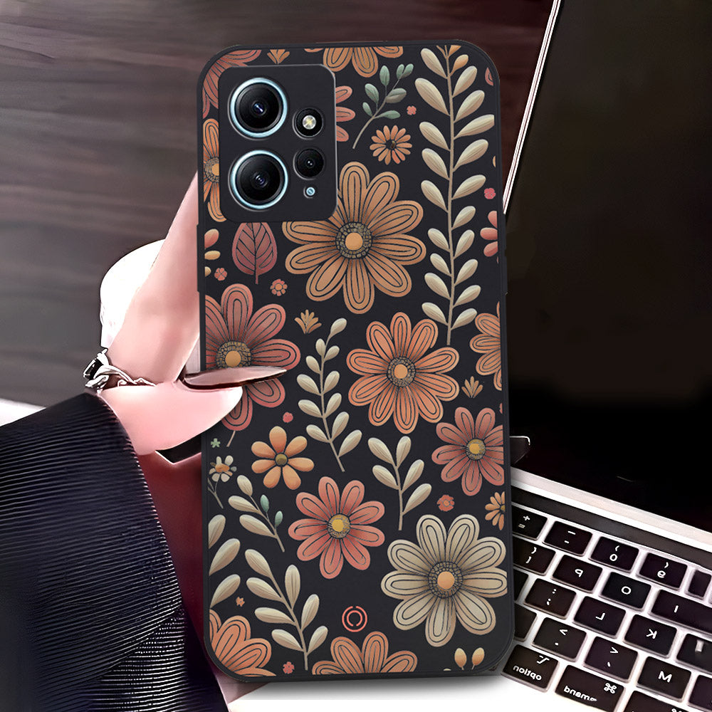 Xiaomi Redmi 12 Cover - Black - D4 - ONation Floral Series - HQ Liquid Silicone Soft Case