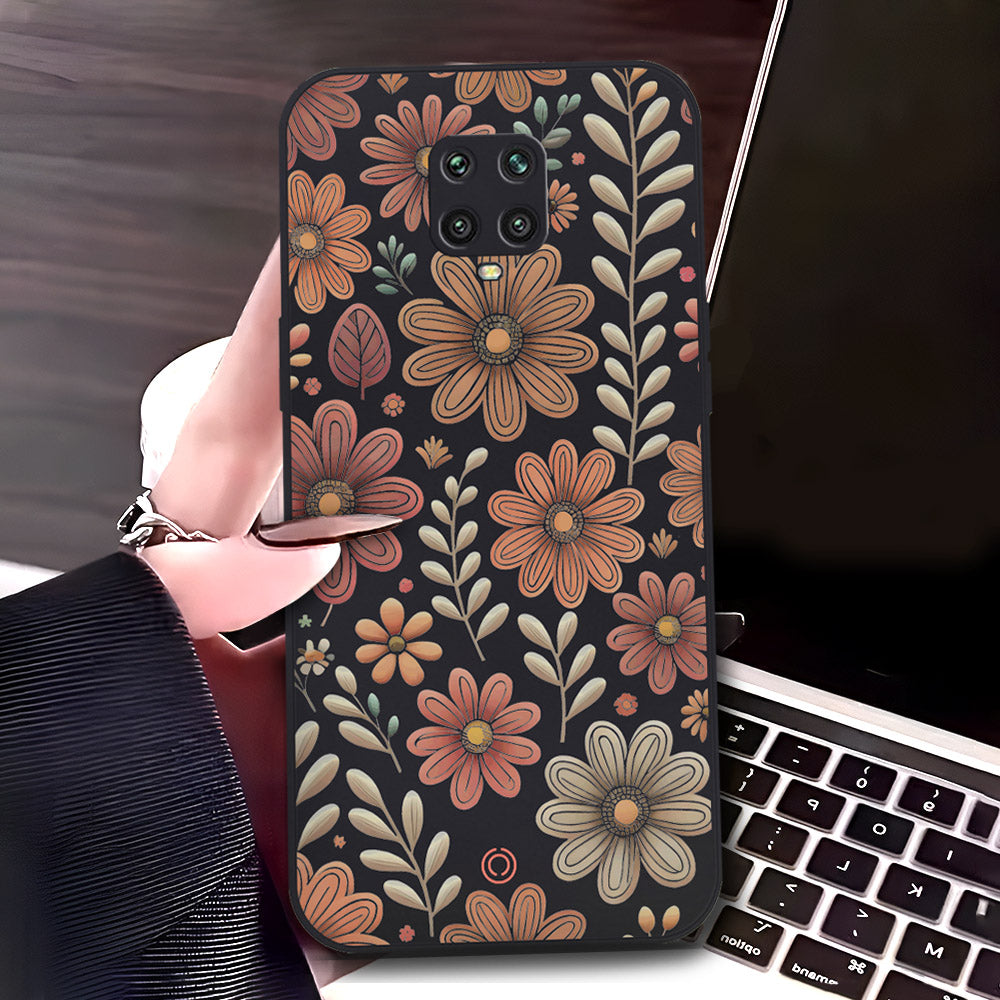 Xiaomi Redmi Note 9S Cover - Black - D4 - ONation Floral Series - HQ Liquid Silicone Soft Case