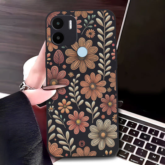 Xiaomi Redmi A1 Plus Cover - Black - D4 - ONation Floral Series - HQ Liquid Silicone Soft Case