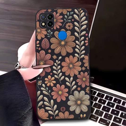 Xiaomi Redmi 9C Cover - Black - D4 - ONation Floral Series - HQ Liquid Silicone Soft Case