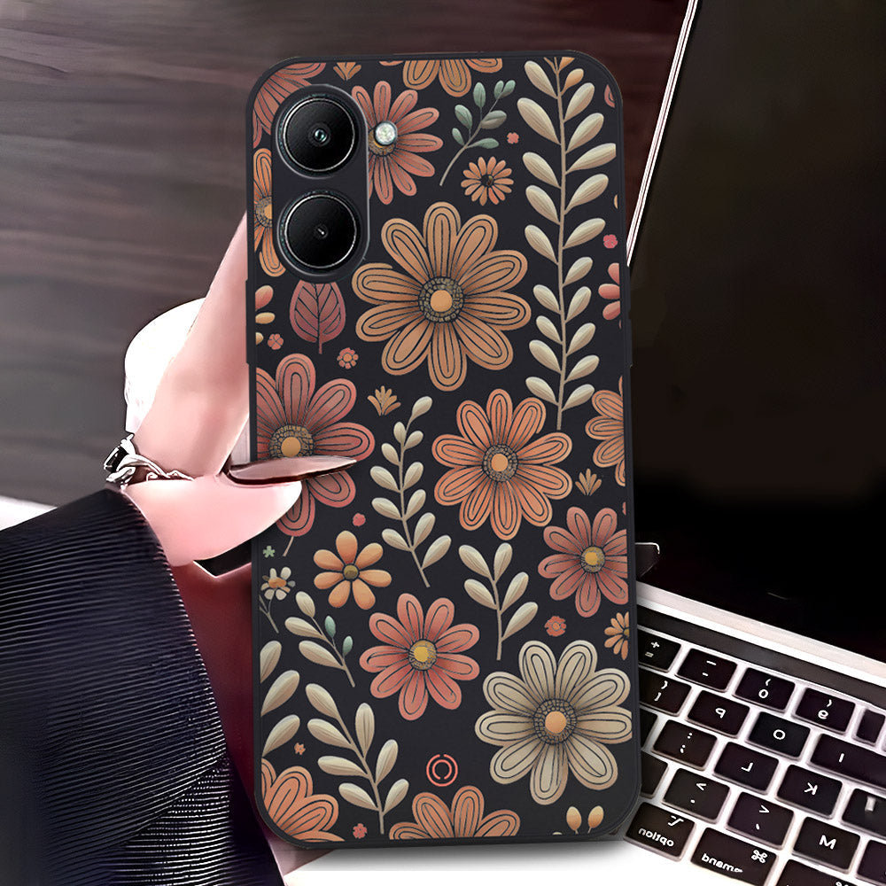 Realme C33 Cover - Black - D4 - ONation Floral Series - HQ Liquid Silicone Soft Case