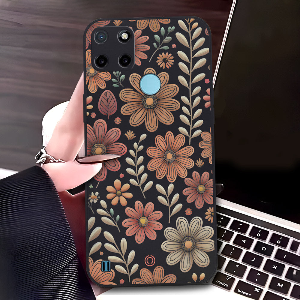 Realme C25Y Cover - Black - D4 - ONation Floral Series - HQ Liquid Silicone Soft Case