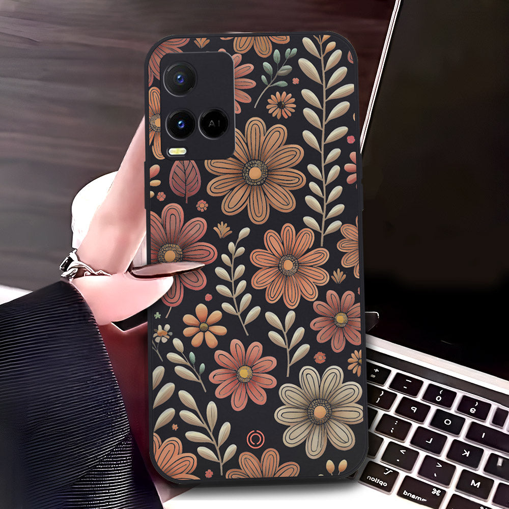 Vivo Y33t Cover - Black - D4 - ONation Floral Series - HQ Liquid Silicone Soft Case (Fast Delivery)