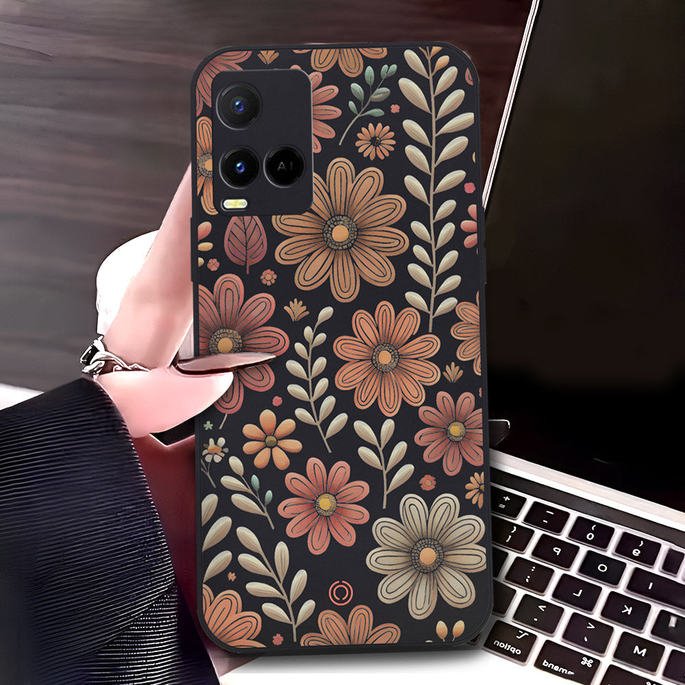 Vivo Y21t Cover - Black - D4 - ONation Floral Series - HQ Liquid Silicone Soft Case
