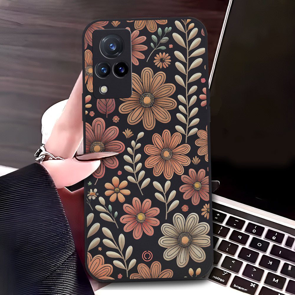 Vivo V21 Cover - Black - D4 - ONation Floral Series - HQ Liquid Silicone Soft Case