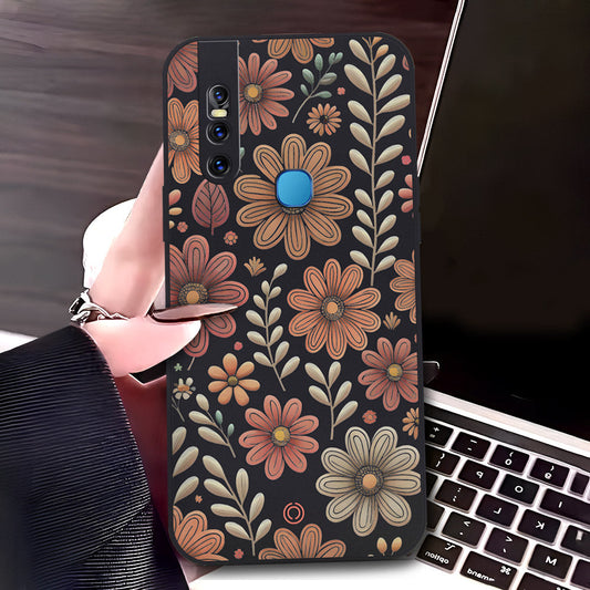 Vivo V15 Cover - Black - D4 - ONation Floral Series - HQ Liquid Silicone Soft Case