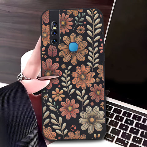 Vivo V15 Cover - Black - D4 - ONation Floral Series - HQ Liquid Silicone Soft Case