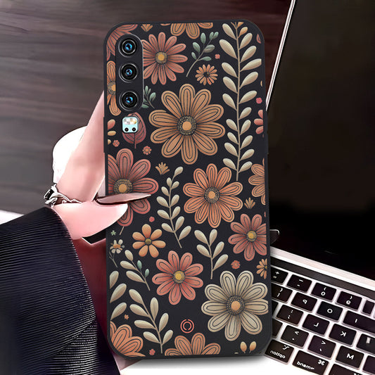 Huawei P30 Cover - Black - D4 - ONation Floral Series - HQ Liquid Silicone Soft Case