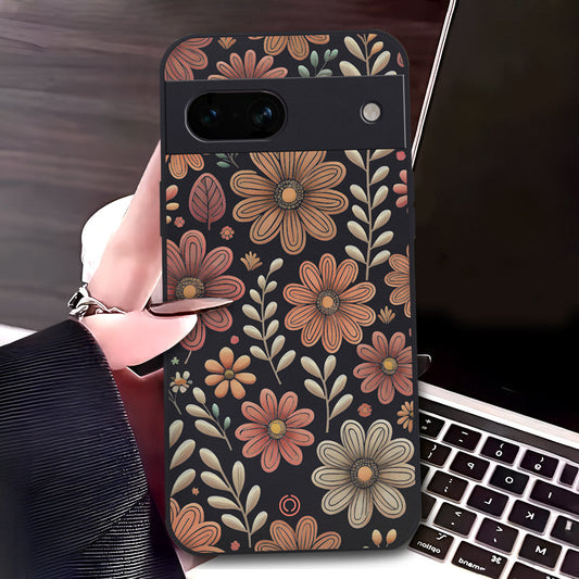 Google Pixel 7a Cover - Black - D4 - ONation Floral Series - HQ Liquid Silicone Soft Case